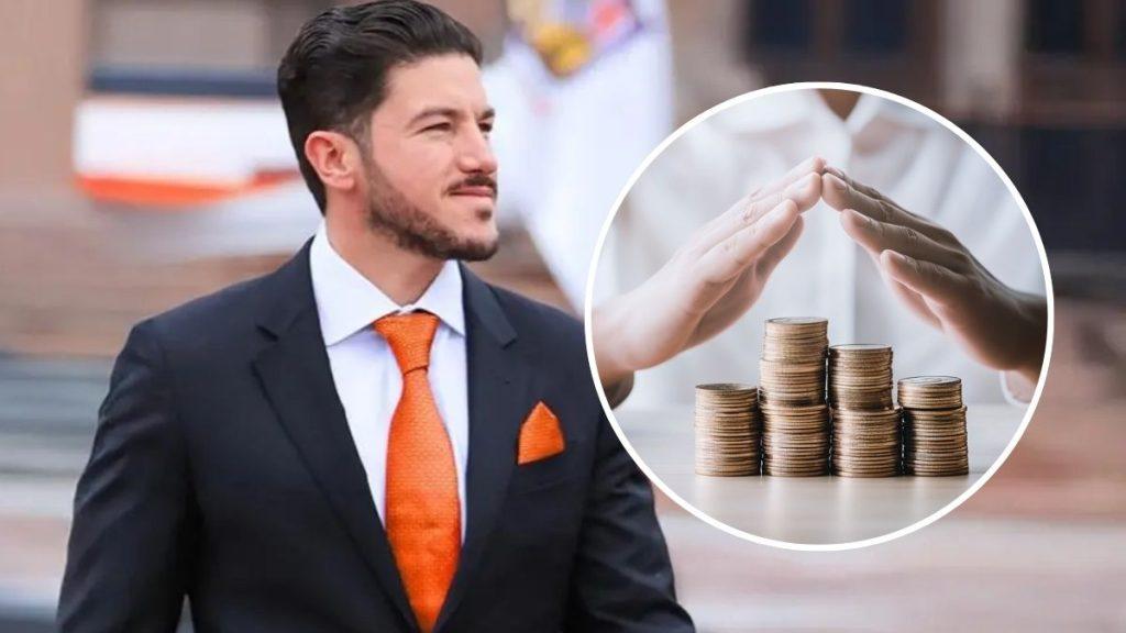 Man in a Dark Suit with an Orange Tie Outdoors; Circular Inset Shows Hands over Stacked Coins, Symbolizing Savings or Wealth. - Tu Colonia Regia
