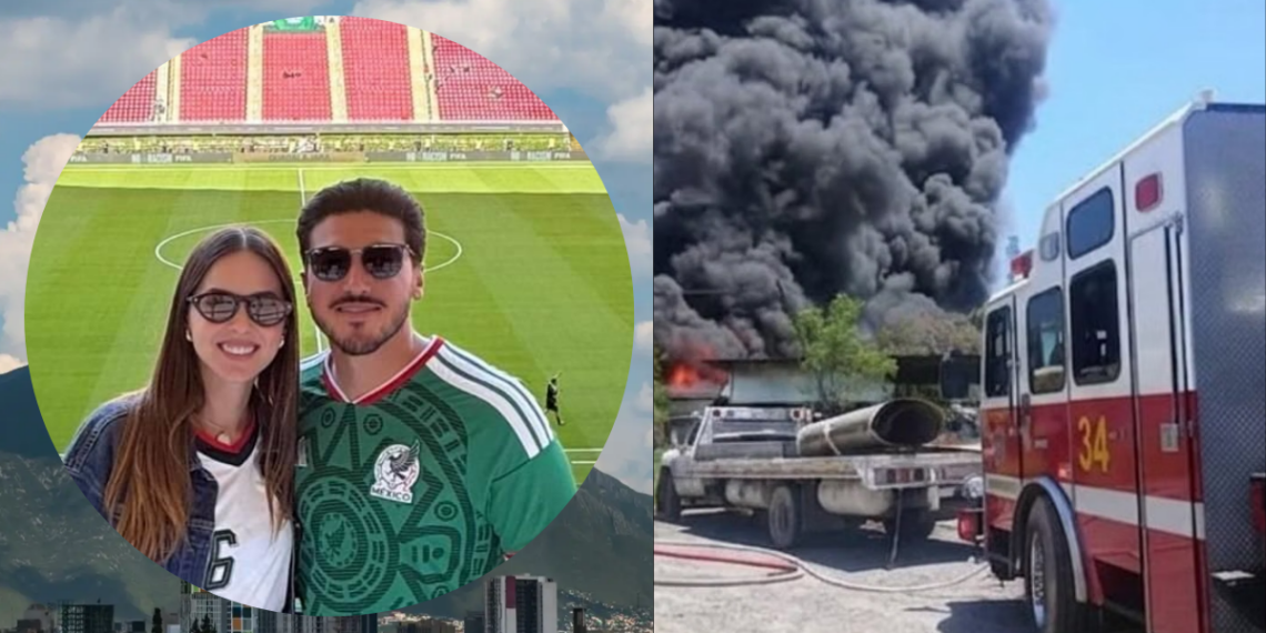 Caos-por-calor-en-nuevo-leon - Tu Colonia Regia a Couple Posing for a Selfie at a Soccer Stadium, Circular Crop with Green Field in Background and Mountains Below. on the Right, a Separate Fire Emergency Scene with a Large Black Smoke Plume and a Red Fire Truck. - Tu Colonia Regia