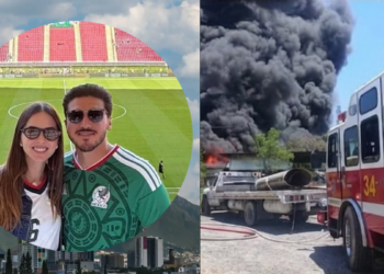 a Couple Posing for a Selfie at a Soccer Stadium, Circular Crop with Green Field in Background and Mountains Below. on the Right, a Separate Fire Emergency Scene with a Large Black Smoke Plume and a Red Fire Truck. - Tu Colonia Regia