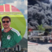 a Couple Posing for a Selfie at a Soccer Stadium, Circular Crop with Green Field in Background and Mountains Below. on the Right, a Separate Fire Emergency Scene with a Large Black Smoke Plume and a Red Fire Truck. - Tu Colonia Regia