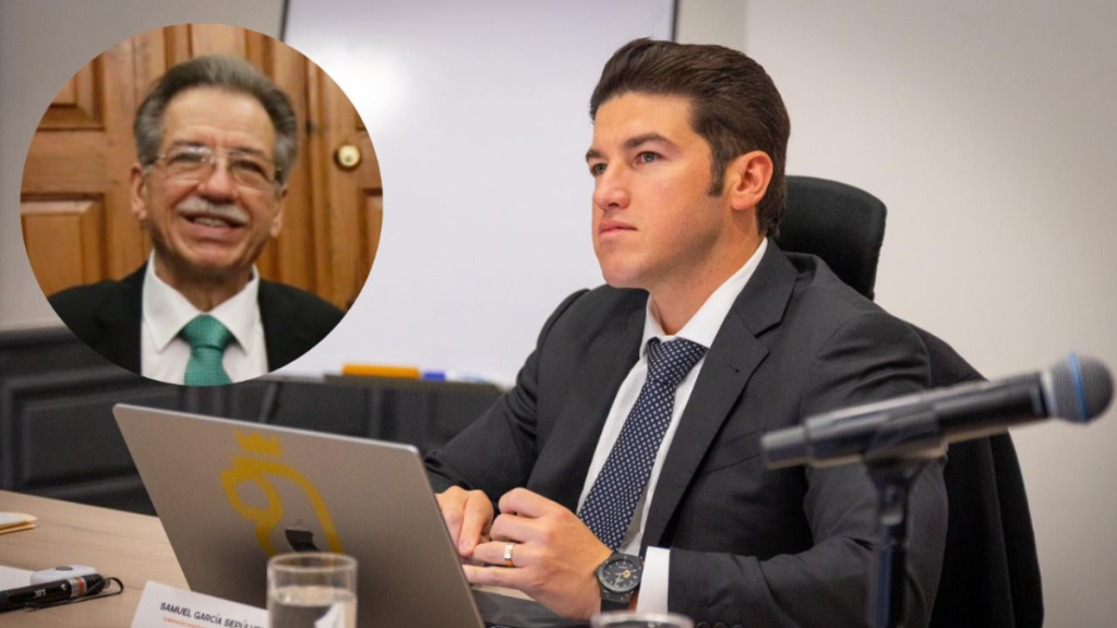 Despacho-familiar-de-samuel-garcia - Tu Colonia Regia Business Meeting Scene: Man in Suit Typing at a Laptop with a Microphone Nearby; Circular Inset Portrait of a Smiling Older Man in a Green Tie. - Tu Colonia Regia