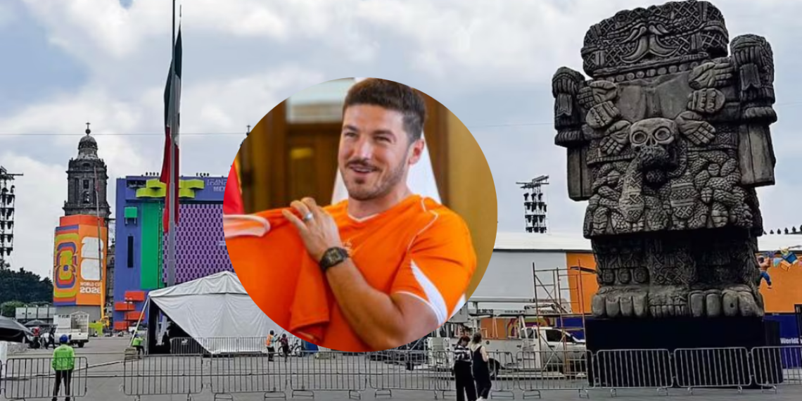 Fifa-fanfest - Tu Colonia Regia Outdoor Festival Scene with a Tall Flag, Colorful Stage Structures, and a Large Stone Aztec Statue in the Background; a Man in an Orange Shirt Appears in a Circular Overlay at the Center. - Tu Colonia Regia