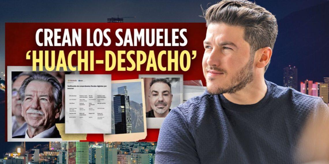 Hombre Mirando Hacia La Derecha Frente a Un Cartel Rojo Con El Titular 'crean Los Samueles Huachi‑despacho' Y Recortes De Fotos, Ciudad Iluminada Al Fondo De Noche. - Tu Colonia Regia