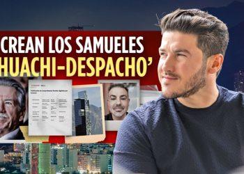 Hombre Mirando Hacia La Derecha Frente a Un Cartel Rojo Con El Titular 'crean Los Samueles Huachi‑despacho' Y Recortes De Fotos, Ciudad Iluminada Al Fondo De Noche. - Tu Colonia Regia