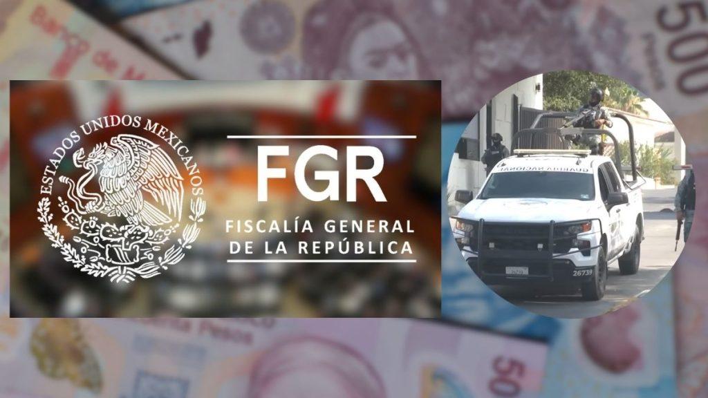 Fgr Logo (fiscalía General De La República) with Blurred Money Background and a Circular Inset Showing Armed Soldiers on a White Patrol Pickup Truck Viewed from the Side/ Front. - Tu Colonia Regia