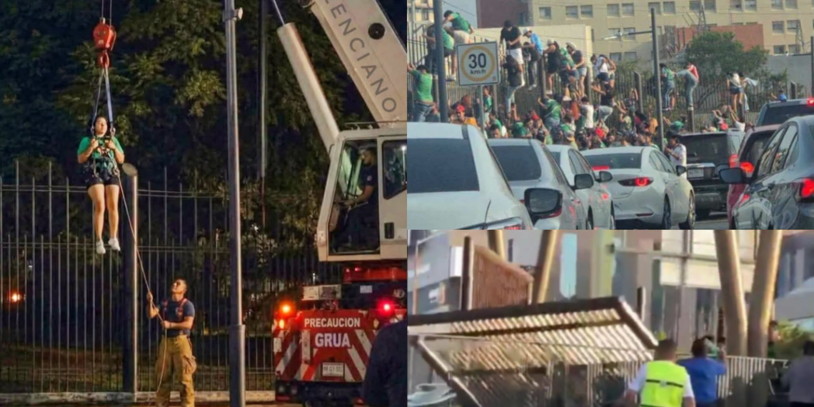 Urban Rescue Collage Showing a Person in a Harness Suspended from a Crane As a Responder Guides the Rope, with a Red Rescue Truck Nearby and Fencing in the Background. - Tu Colonia Regia