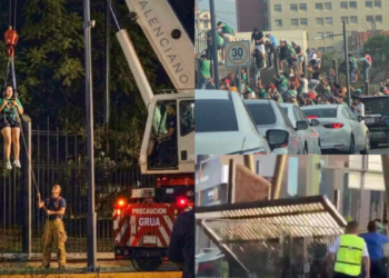 Urban Rescue Collage Showing a Person in a Harness Suspended from a Crane As a Responder Guides the Rope, with a Red Rescue Truck Nearby and Fencing in the Background. - Tu Colonia Regia