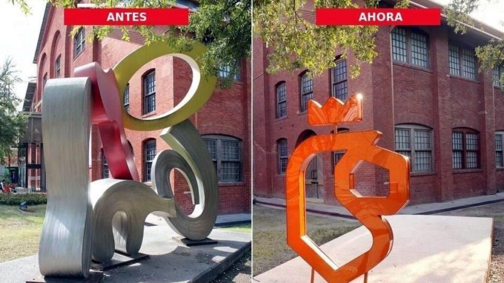 Escultura-brad-howe-cineteca-nl - Tu Colonia Regia Side-by-side Comparison of Campus Sculptures: Left 'antes' Multicolored Twisting Metal Piece, Right 'ahora' Orange Angular Sculpture in Front of a Brick Building. - Tu Colonia Regia